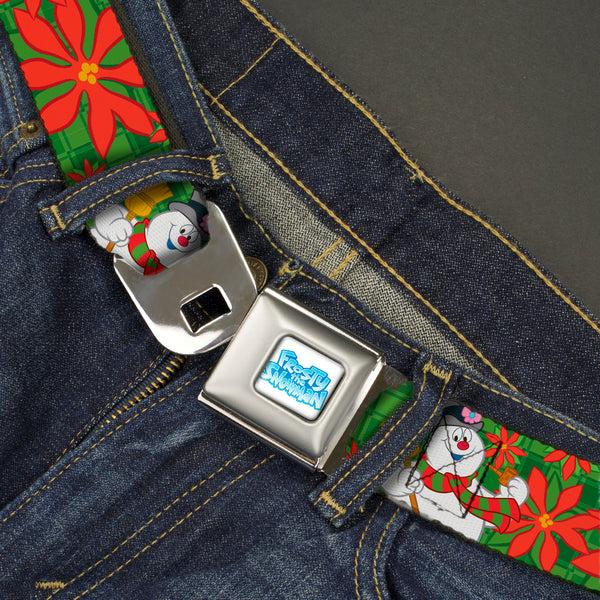 Buckle-Down FROSTY THE SNOWMAN Logo Full Color White/Blues Seatbelt Belt - Frosty The Snowman Pose Poinsettia Plaid Collage Greens/Reds Webbing