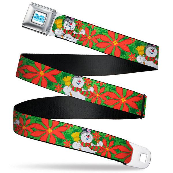 Buckle-Down FROSTY THE SNOWMAN Logo Full Color White/Blues Seatbelt Belt - Frosty the Snowman Pose Poinsettia Plaid Collage Greens/Reds Webbing
