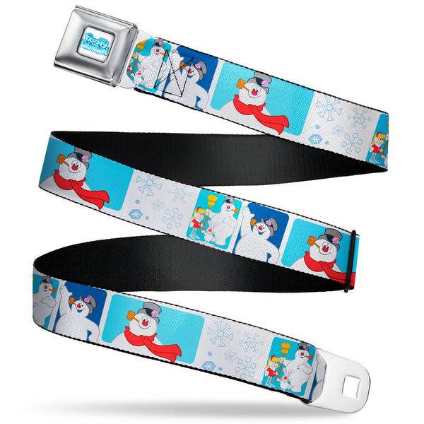 Buckle-Down FROSTY THE SNOWMAN Logo Full Color White/Blues Seatbelt Belt - Frosty the Snowman Pose Blocks and Snowflakes White/Blue Webbing