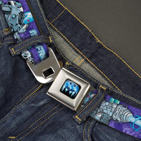 Buckle-Down Frozen Batman Shield Full Color Black Blues Seatbelt Belt - MR. FREEZE Poses/Frozen Batman Shield Purples/Blues Webbing