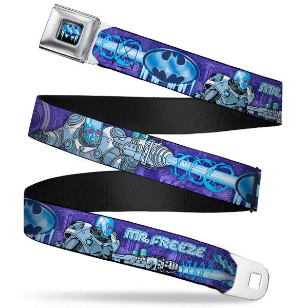 Buckle-Down Frozen Batman Shield Full Color Black Blues Seatbelt Belt - MR. FREEZE Poses/Frozen Batman Shield Purples/Blues Webbing