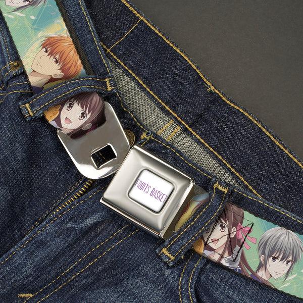 Buckle-Down FRUITS BASKET Title Logo Full Color White/Purple Seatbelt Belt - Fruits Basket Kyo Tohru Yuki Group Pose Greens/Blues Webbing