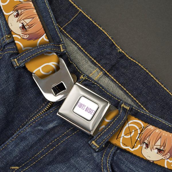 Buckle-Down FRUITS BASKET Title Logo Full Color White/Purple Seatbelt Belt - Fruits Basket Chibi Kyo Soma Face And Kimono Cat Icon Orange/White Webbing