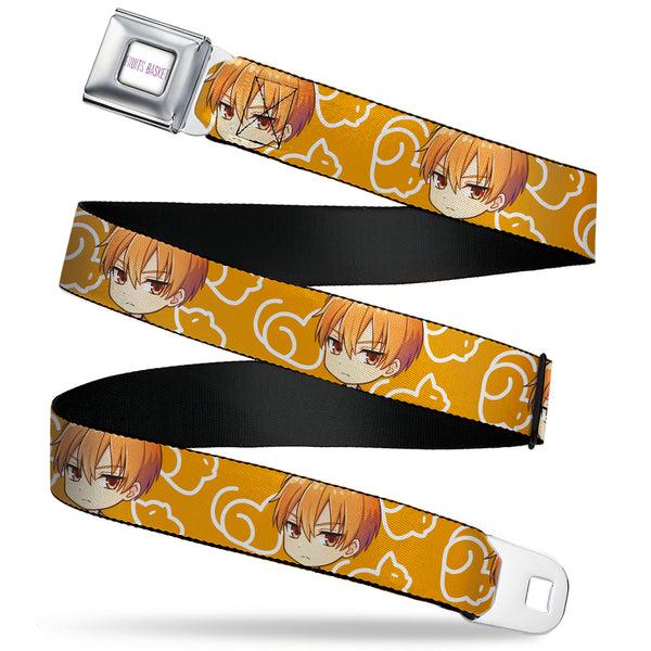 Buckle-Down FRUITS BASKET Title Logo Full Color White/Purple Seatbelt Belt - Fruits Basket Chibi Kyo Soma Face and Kimono Cat Icon Orange/White Webbing
