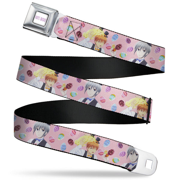 Buckle-Down FRUITS BASKET Title Logo Full Color White/Purple Seatbelt Belt - Fruits Basket Kyo and Yuki Easter Themed Animage Poster Pose Pink Webbing