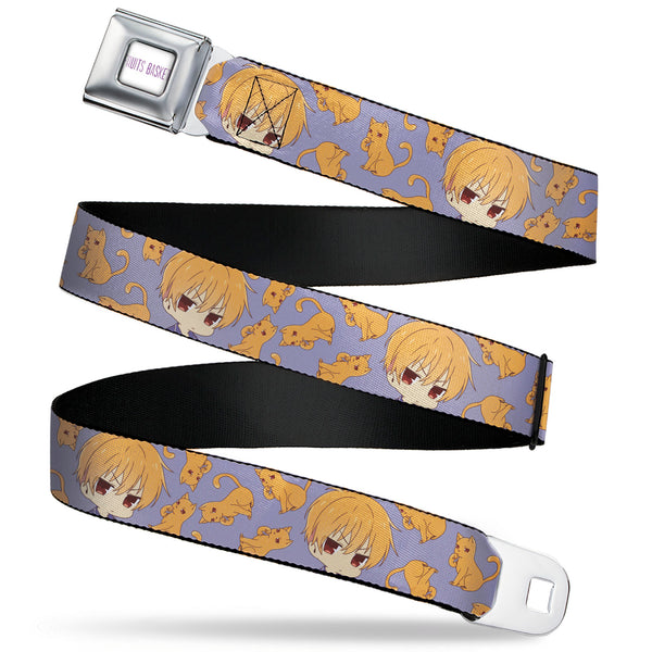 Buckle-Down FRUITS BASKET Title Logo Full Color White/Purple Seatbelt Belt - Fruits Basket Chibi Kyo Soma and Cat Scattered Blue/Orange Webbing