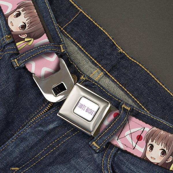 Buckle-Down FRUITS BASKET Title Logo Full Color White/Purple Seatbelt Belt - Fruits Basket Chibi Tohru Honda Face And Kimono Rice Ball Icon Pink/White/Red Webbing