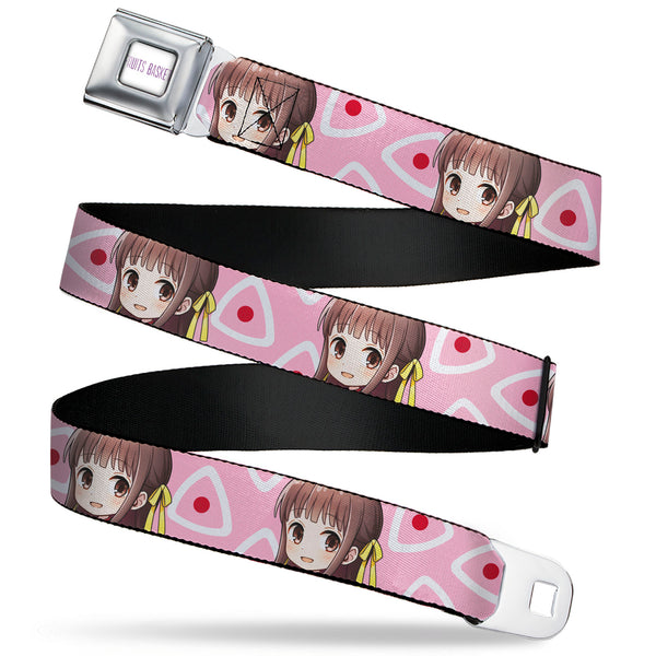 Buckle-Down FRUITS BASKET Title Logo Full Color White/Purple Seatbelt Belt - Fruits Basket Chibi Tohru Honda Face and Kimono Rice Ball Icon Pink/White/Red Webbing