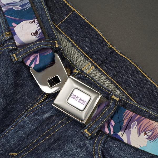 Buckle-Down FRUITS BASKET Title Logo Full Color White/Purple Seatbelt Belt - Fruits Basket Yuki Tohru Kyo Final Season Group Pose Blues Webbing