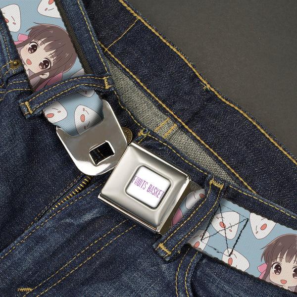 Buckle-Down FRUITS BASKET Title Logo Full Color White/Purple Seatbelt Belt - Fruits Basket Chibi Tohru Honda And Rice Ball Scattered Light Blue Webbing