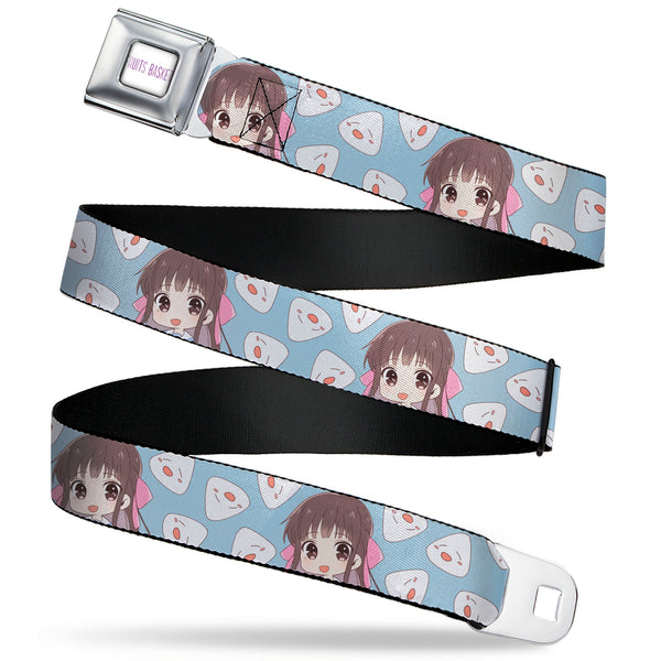 Buckle-Down FRUITS BASKET Title Logo Full Color White/Purple Seatbelt Belt - Fruits Basket Chibi Tohru Honda and Rice Ball Scattered Light Blue Webbing