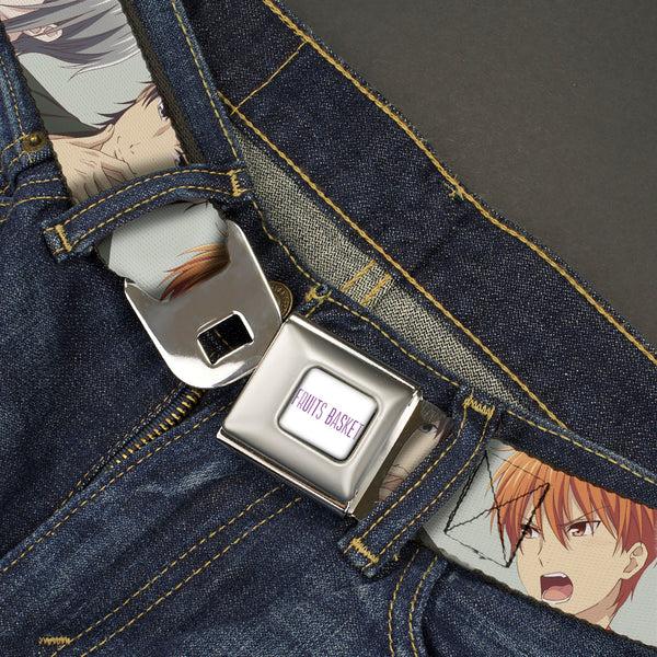 Buckle-Down FRUITS BASKET Title Logo Full Color White/Purple Seatbelt Belt - Fruits Basket Kyo Yuki Shigure Group Faces Mint Green Webbing