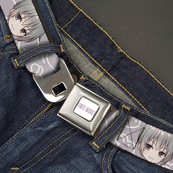 Buckle-Down FRUITS BASKET Title Logo Full Color White/Purple Seatbelt Belt - Fruits Basket Chibi Yuki Soma Face And Kimono Rat Icon Gray/White Webbing
