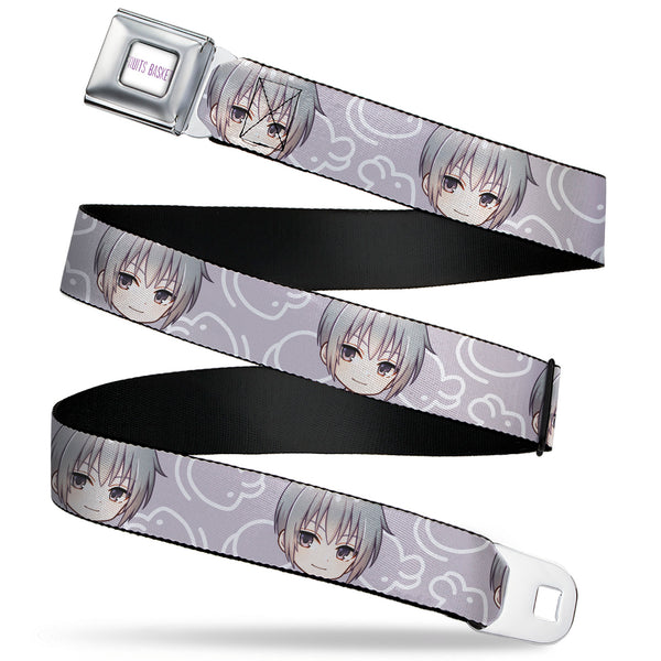 Buckle-Down FRUITS BASKET Title Logo Full Color White/Purple Seatbelt Belt - Fruits Basket Chibi Yuki Soma Face and Kimono Rat Icon Gray/White Webbing