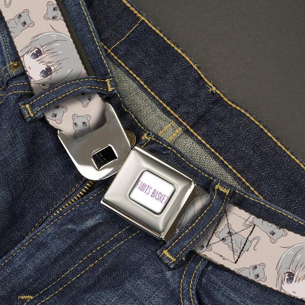 Buckle-Down FRUITS BASKET Title Logo Full Color White/Purple Seatbelt Belt - Fruits Basket Chibi Yuki Soma And Rat Scattered Beige/Gray Webbing