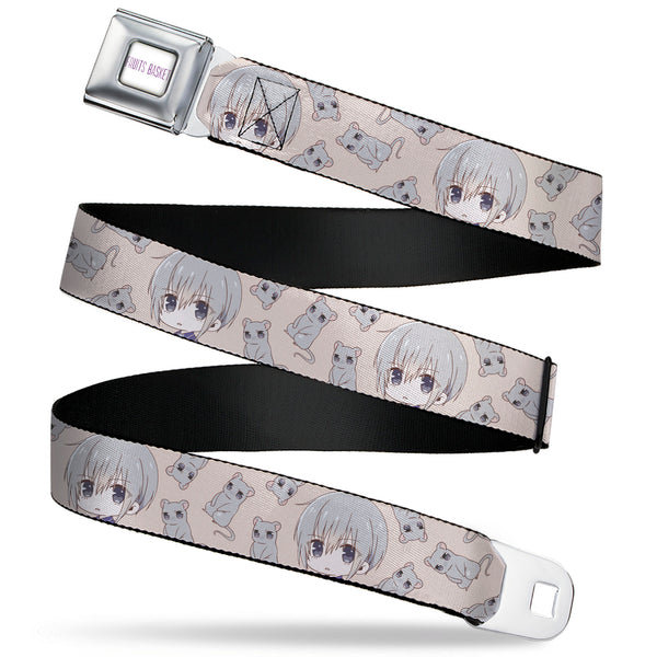 Buckle-Down FRUITS BASKET Title Logo Full Color White/Purple Seatbelt Belt - Fruits Basket Chibi Yuki Soma and Rat Scattered Beige/Gray Webbing