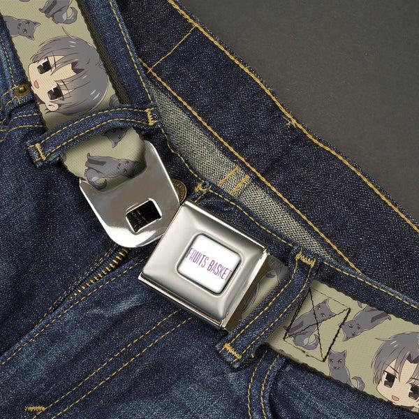Buckle-Down FRUITS BASKET Title Logo Full Color White/Purple Seatbelt Belt - Fruits Basket Chibi Shigure Soma And Dog Scattered Olive/Gray Webbing