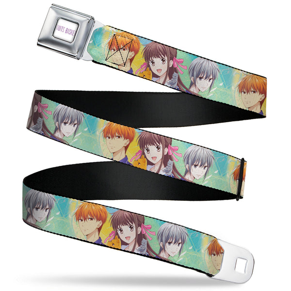 Buckle-Down FRUITS BASKET Title Logo Full Color White/Purple Seatbelt Belt - Fruits Basket Kyo Tohru Yuki Group Pose Greens/Blues Webbing