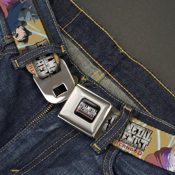 Buckle-Down FULLMETAL ALCHEMIST BROTHERHOOD Title Logo Full Color Black Seatbelt Belt - Fullmetal Alchemist Brotherhood Elric Brothers And Roy Mustang Pose Yellows Webbing