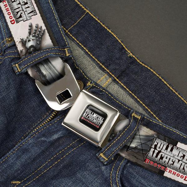Buckle-Down FULLMETAL ALCHEMIST BROTHERHOOD Title Logo Full Color Black Seatbelt Belt - FULLMETAL ALCHEMIST BROTHERHOOD Edward Elrics Automail Arm Tan Webbing