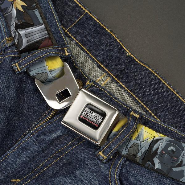 Buckle-Down FULLMETAL ALCHEMIST BROTHERHOOD Title Logo Full Color Black Seatbelt Belt - Fullmetal Alchemist Brotherhood Elric Brothers Pose Blocks Webbing