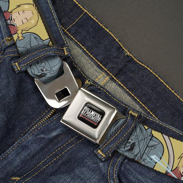 Buckle-Down FULLMETAL ALCHEMIST BROTHERHOOD Title Logo Full Color Black Seatbelt Belt - Fullmetal Alchemist Brotherhood Chibi Elric Brothers Pose Yellow Webbing