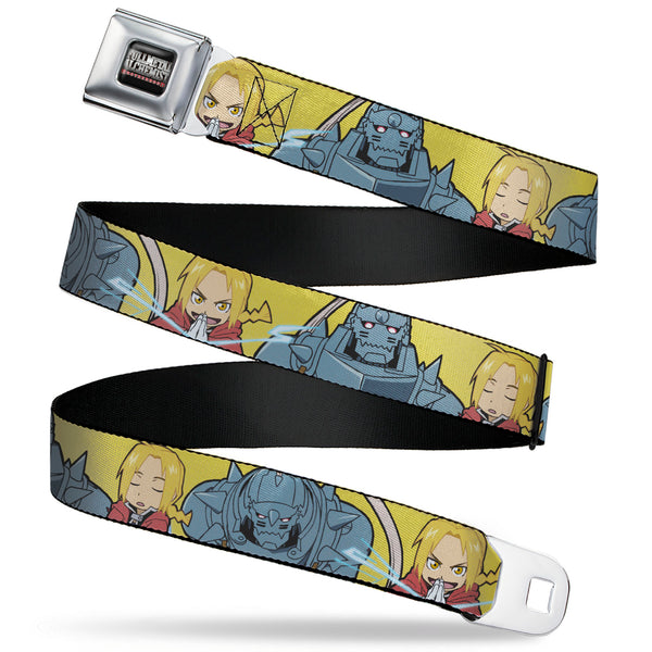Buckle-Down FULLMETAL ALCHEMIST BROTHERHOOD Title Logo Full Color Black Seatbelt Belt - Fullmetal Alchemist Brotherhood Chibi Elric Brothers Pose Yellow Webbing