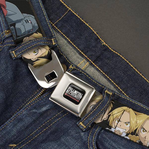 Buckle-Down FULLMETAL ALCHEMIST BROTHERHOOD Title Logo Full Color Black Seatbelt Belt - Fullmetal Alchemist Brotherhood Elric Brothers Face Close-Up Webbing