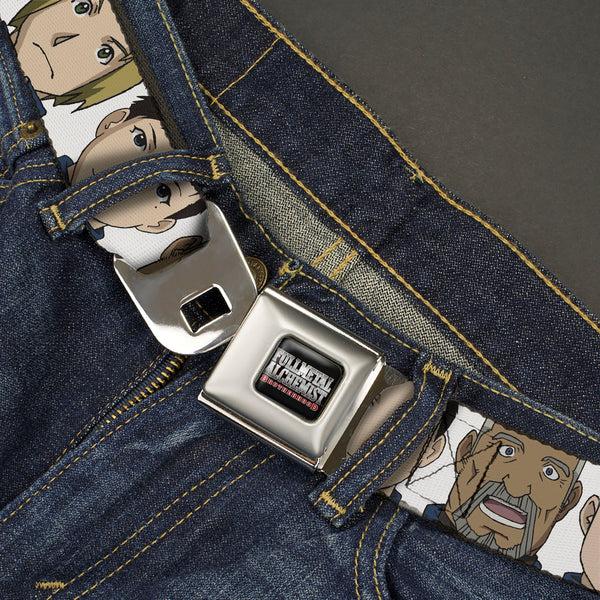 Buckle-Down FULLMETAL ALCHEMIST BROTHERHOOD Title Logo Full Color Black Seatbelt Belt - Fullmetal Alchemist Brotherhood Central Forces Military Personnel Faces White Webbing