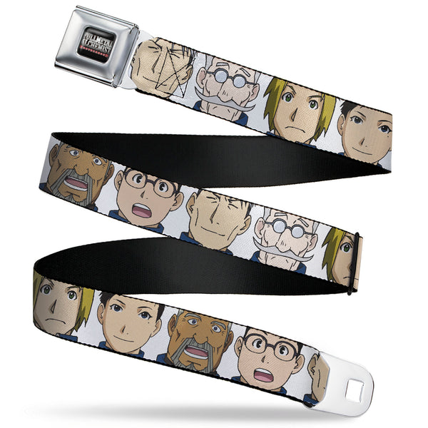 Buckle-Down FULLMETAL ALCHEMIST BROTHERHOOD Title Logo Full Color Black Seatbelt Belt - Fullmetal Alchemist Brotherhood Central Forces Military Personnel Faces White Webbing