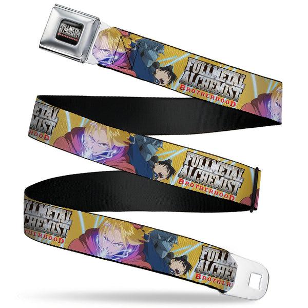 Buckle-Down FULLMETAL ALCHEMIST BROTHERHOOD Title Logo Full Color Black Seatbelt Belt - Fullmetal Alchemist Brotherhood Elric Brothers and Roy Mustang Pose Yellows Webbing