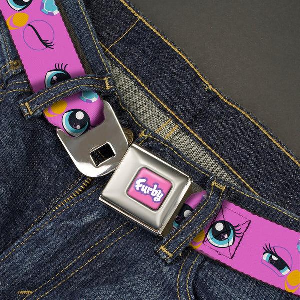 Buckle-Down FURBY Title Logo Full Color Pink/Purple/White Seatbelt Belt - Furby Purple Eye Expressions Close-Up Pink Webbing