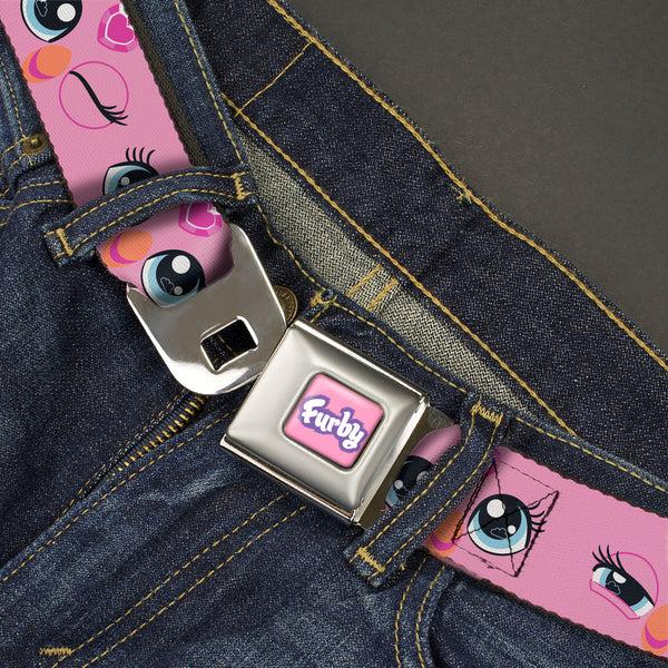 Buckle-Down FURBY Title Logo Full Color Pink/Purple/White Seatbelt Belt - Furby Eye Expressions Close-Up Pink Webbing