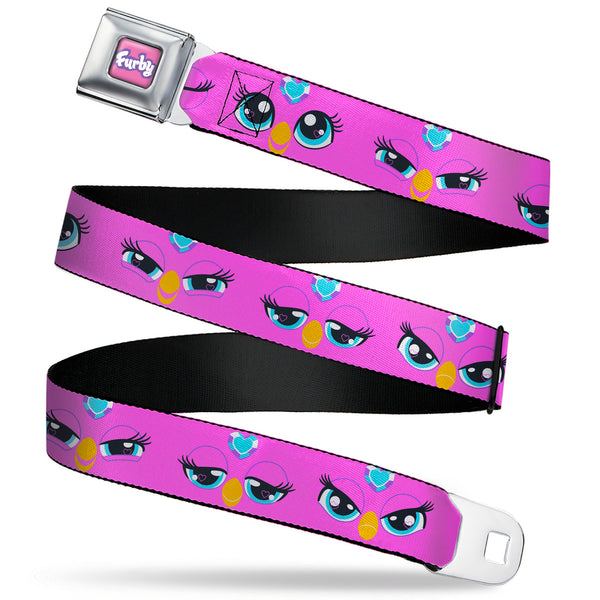 Buckle-Down FURBY Title Logo Full Color Pink/Purple/White Seatbelt Belt - Furby Purple Eye Expressions Close-Up Pink Webbing