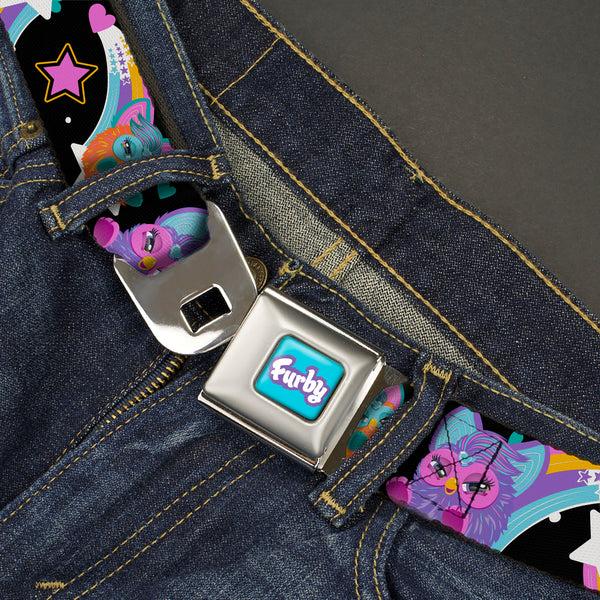 Buckle-Down FURBY Title Logo Full Color Teal/Lavender/White Seatbelt Belt - Furby Orange And Purple Jumping Rainbow Slide Black/Multi Color Webbing