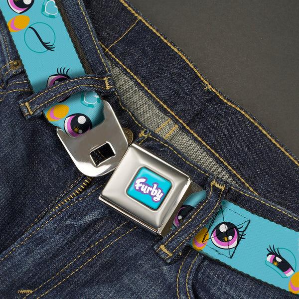 Buckle-Down FURBY Title Logo Full Color Teal/Lavender/White Seatbelt Belt - Furby Eye Expressions Close-Up Teal Webbing