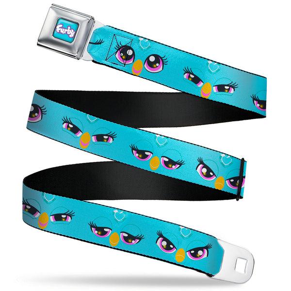 Buckle-Down FURBY Title Logo Full Color Teal/Lavender/White Seatbelt Belt - Furby Eye Expressions Close-Up Teal Webbing
