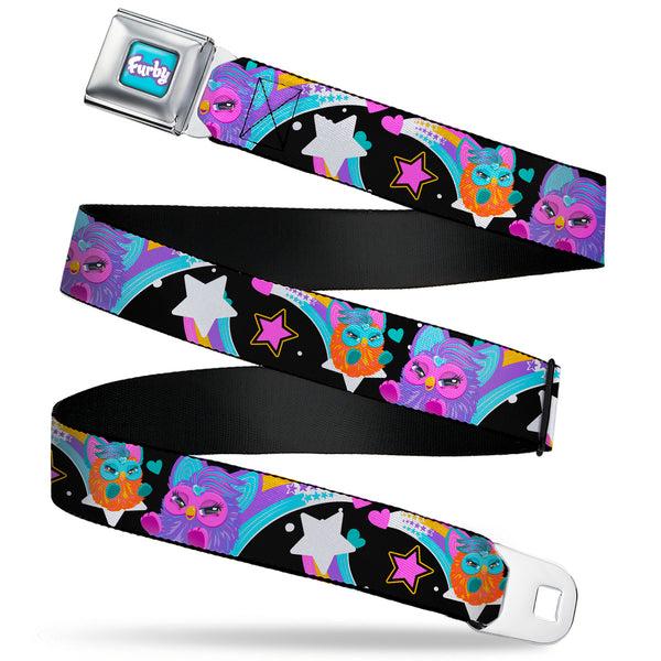 Buckle-Down FURBY Title Logo Full Color Teal/Lavender/White Seatbelt Belt - Furby Orange and Purple Jumping Rainbow Slide Black/Multi Color Webbing