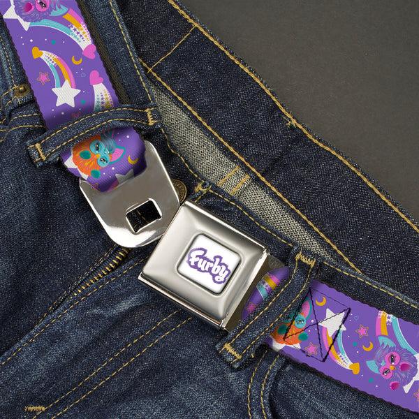 Buckle-Down FURBY Title Logo Full Color White/Purple Seatbelt Belt - Furby Orange And Purple Jumping Rainbow Slide Black/Multi Color Webbing