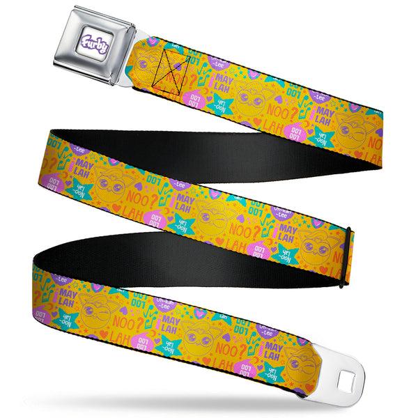 Buckle-Down FURBY Title Logo Full Color White/Purple Seatbelt Belt - Furby Furbmoji and Furbish Phrases and Icons Orange/Pink/Purple Webbing