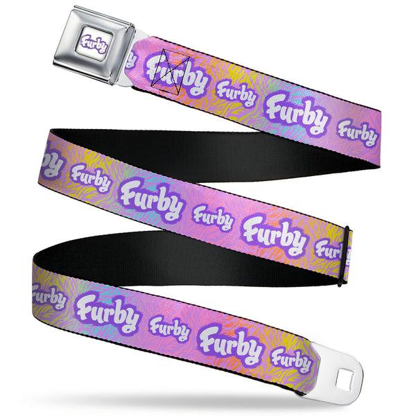 Buckle-Down FURBY Title Logo Full Color White/Purple Seatbelt Belt - FURBY Title Logo Fur Print White/Lavender/Purple Webbing
