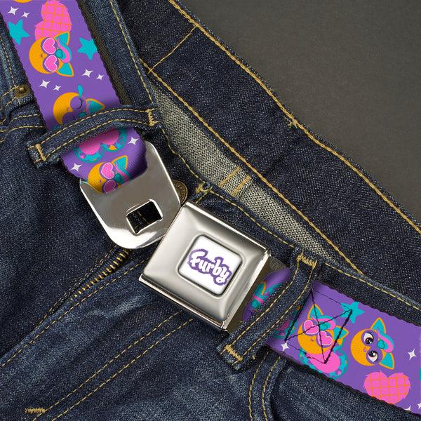 Buckle-Down FURBY Title Logo Full Color White/Purple Seatbelt Belt - Fuby Furbmojis And Icons Collage Purple/Blues/Pinks Webbing