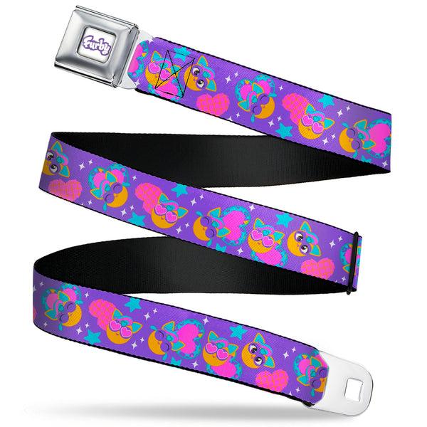 Buckle-Down FURBY Title Logo Full Color White/Purple Seatbelt Belt - Fuby Furbmojis and Icons Collage Purple/Blues/Pinks Webbing