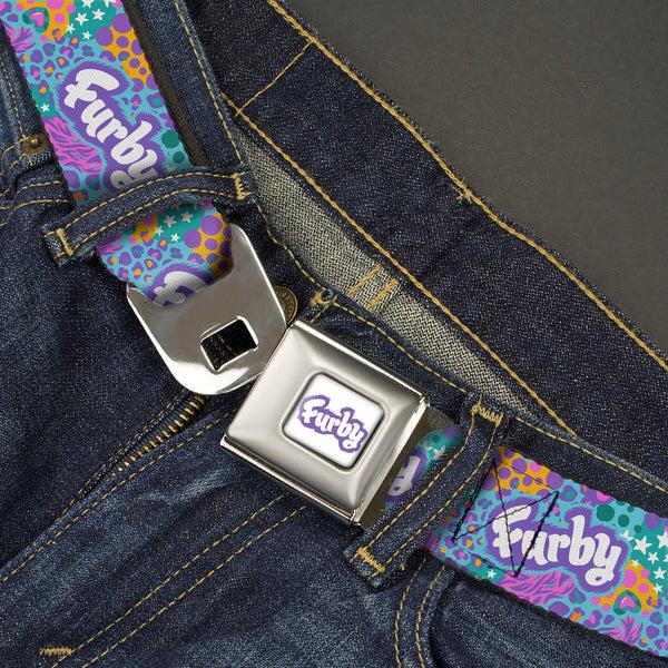 Buckle-Down FURBY Title Logo Full Color White/Purple Seatbelt Belt - FURBY Title Logo And Fur Prints Collage Multi Color/White Webbing