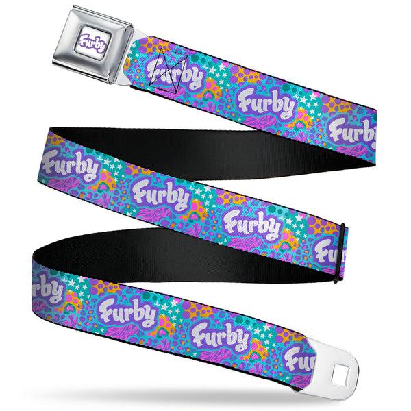 Buckle-Down FURBY Title Logo Full Color White/Purple Seatbelt Belt - FURBY Title Logo and Fur Prints Collage Multi Color/White Webbing