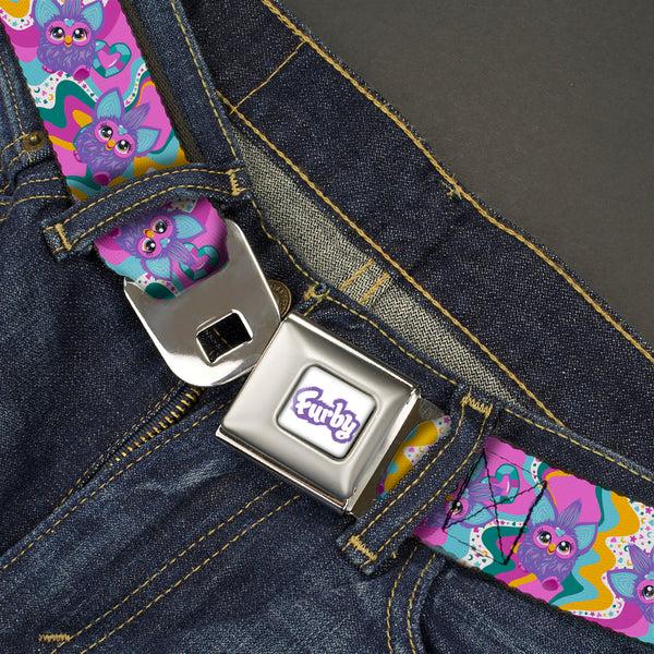 Buckle-Down FURBY Title Logo Full Color White/Purple Seatbelt Belt - Furby Purple Dancing Pose Collage Multi Color Webbing