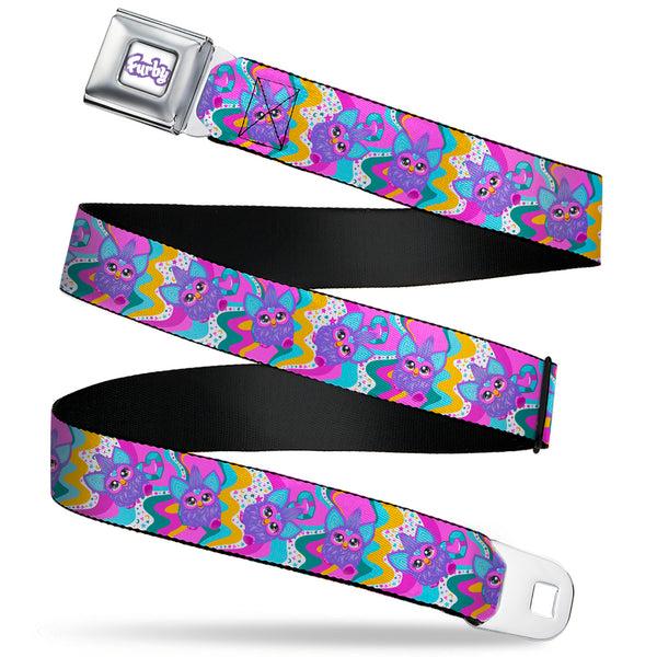 Buckle-Down FURBY Title Logo Full Color White/Purple Seatbelt Belt - Furby Purple Dancing Pose Collage Multi Color Webbing