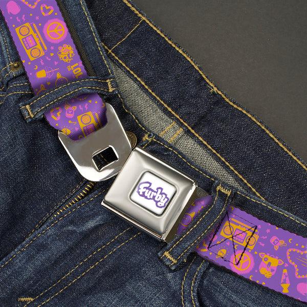 Buckle-Down FURBY Title Logo Full Color White/Purple Seatbelt Belt - Furby Icons Collage Purples/Orange/Pinks Webbing