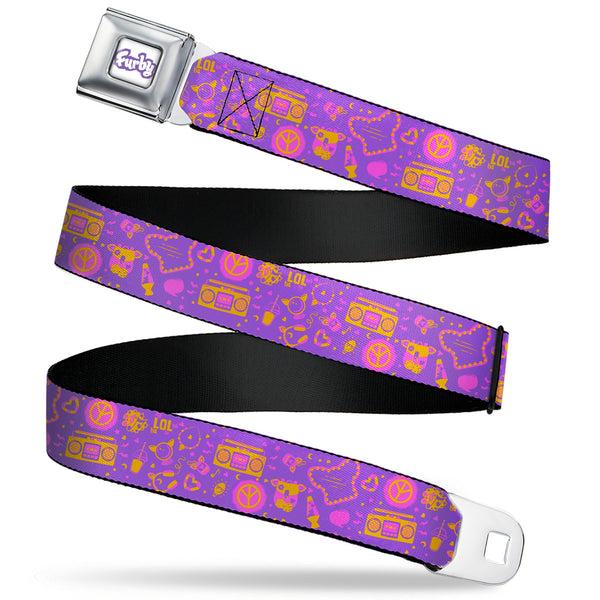Buckle-Down FURBY Title Logo Full Color White/Purple Seatbelt Belt - Furby Icons Collage Purples/Orange/Pinks Webbing
