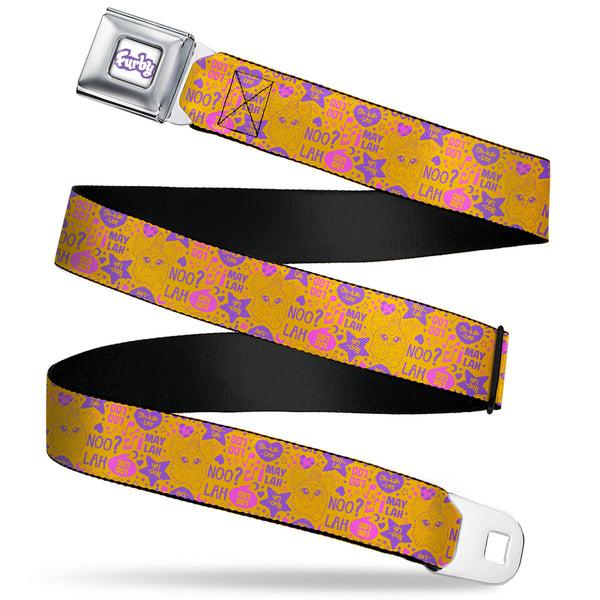 Buckle-Down FURBY Title Logo Full Color White/Purple Seatbelt Belt - Furby Furbish Phrases and Icons Orange/Pink/Purple Webbing